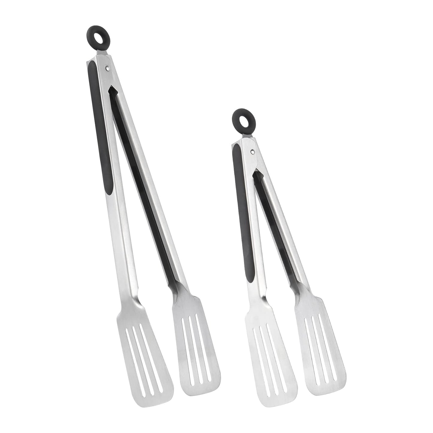 Lebabo Metal Tongs for Cooking, Set of 2 Stainless Steel Spatula Tongs for Grilling, Cooking and Flipping, Strong Grip for Ribs, Steak and Fish, Comfortable Grip, Easy Pull Lock, 9 inch & 12 inch