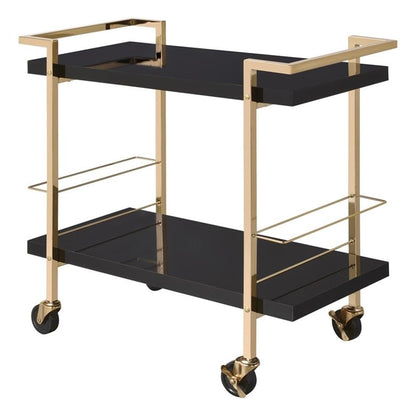 Pemberly Row Modern Serving Cart, Black Metal and Gold Frame, 32"W x 16"D x 30.5"H, 2-Tier Design, High-Sheen Laminate Surface, Locking Casters, Bottle Caddies, Bar and Cocktail Station for Parties