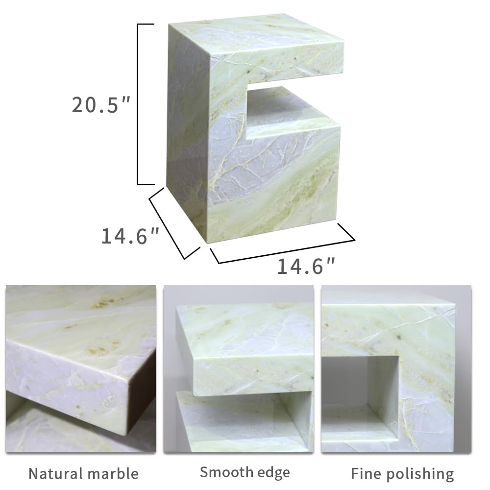 Natural Marble C-Shaped End Table, Luxurious Handmade Coffee Table Suitable for for Living Room Bedroom Bathroom Small Spaces, No Installation Marble Sofa Table for Modern Home Decor