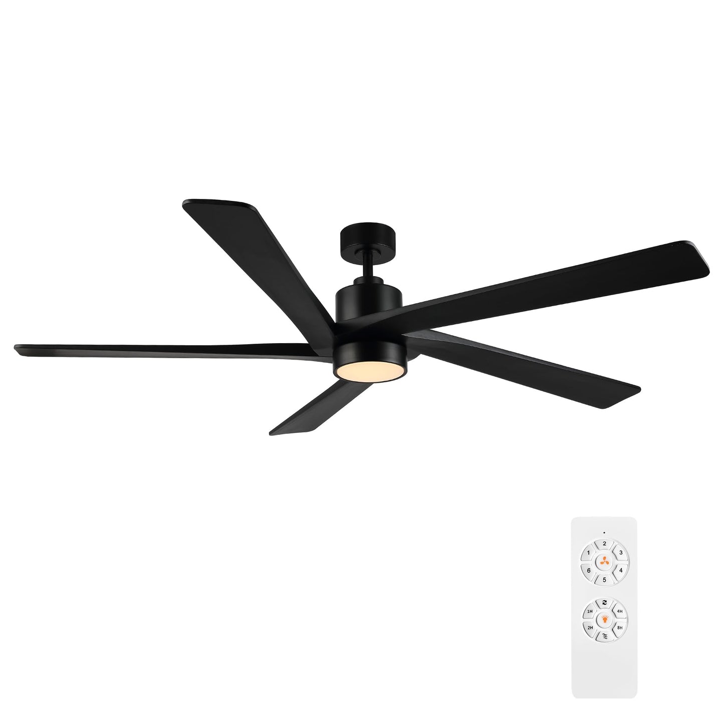 WINGBO 64" DC Ceiling Fan with Lights, 5 Carved Solid Wood Blades, 6-Speed Reversible DC Motor, Matte Black Finish Ceiling Fan with Remote, Black