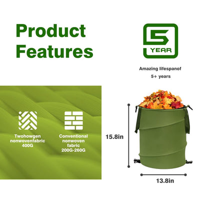 13.8x15.8 600D (1Pcs-Green 10 Collapsible Pop Up Trash Can, Outdoor Recycling Bin in, Oxford Cloth Yard Waste Bags