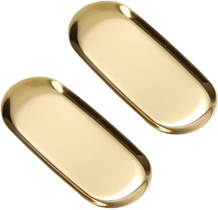 Gold Tray 2 Pack, Stainless Steel Decorative Tray for Bathroom, Jewelry, Vanity Storage, 9 Inch-Oval