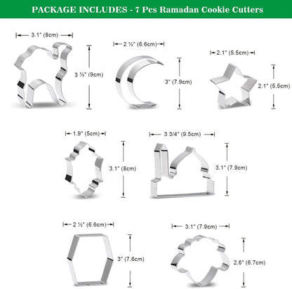 Aprildecember Ramadan and Eid Cookie Cutter Set of 7 - Includes Mosque, Lantern, Moon, Star, Kaba, Sheep Head, Camel