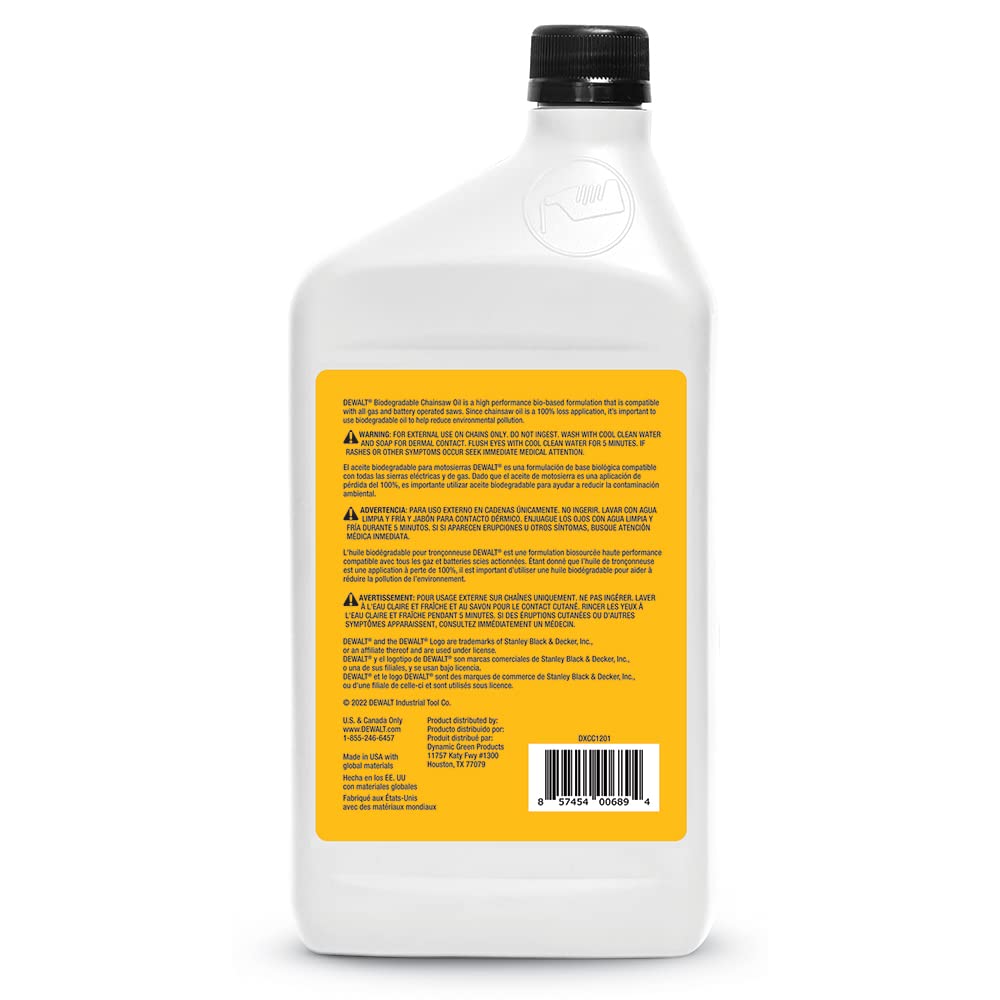 (32 oz 2)) DEWALT Biodegradable Bar & Chain Oil Green, Eco-Friendly, Non-Toxic Professional Bar & Chainsaw Lubricant