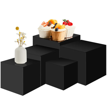 Geetery Set of 5 Display Buffet Risers Acrylic Cube with Hollow Bottoms Acrylic Boxes for Display Dessert Table Stands for Catering Collectibles Jewelry Decor(3,4,5,6,7 Inch,Black)