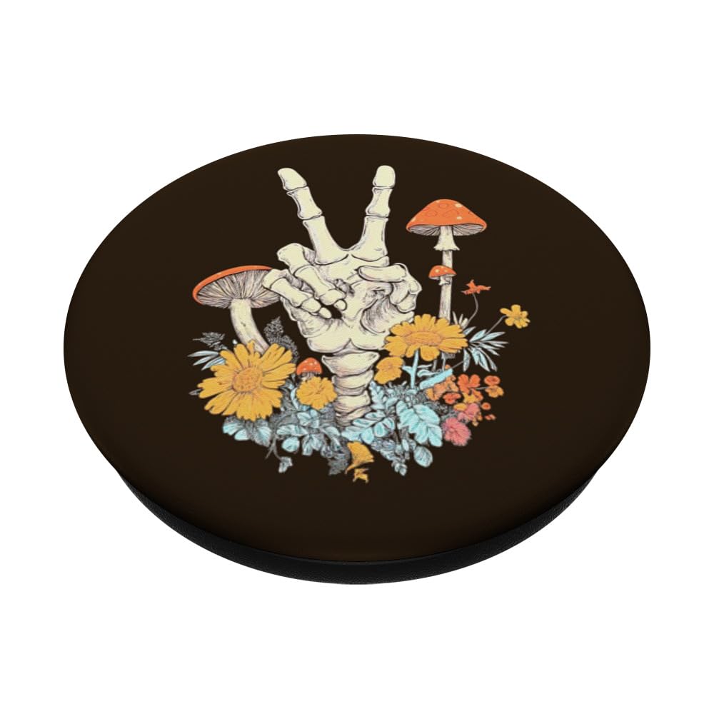 Retro 70s Groovy Hippie Skeleton Peace Sign Hand Mushroom PopSockets Standard PopGrip