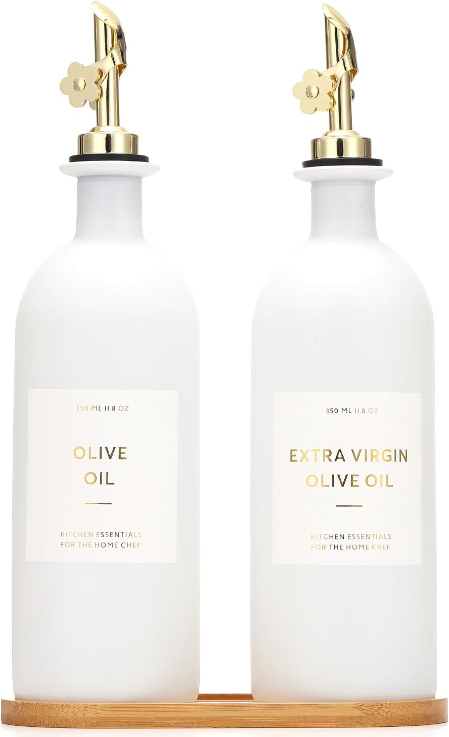 16oz Set, Set 2 (16oz HOMCDALY Olive Oil Dispenser for Kitchen, Glass Oil Bottles with Bamboo Tray, Gold Oil&Vinegar