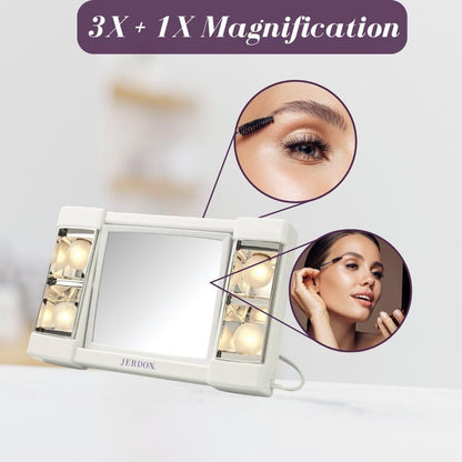 JERDON Two-Sided Makeup Mirror with Lights - Vanity Mirror with 3X Magnification & Glare-Free Lighting - White Base - Model J1010