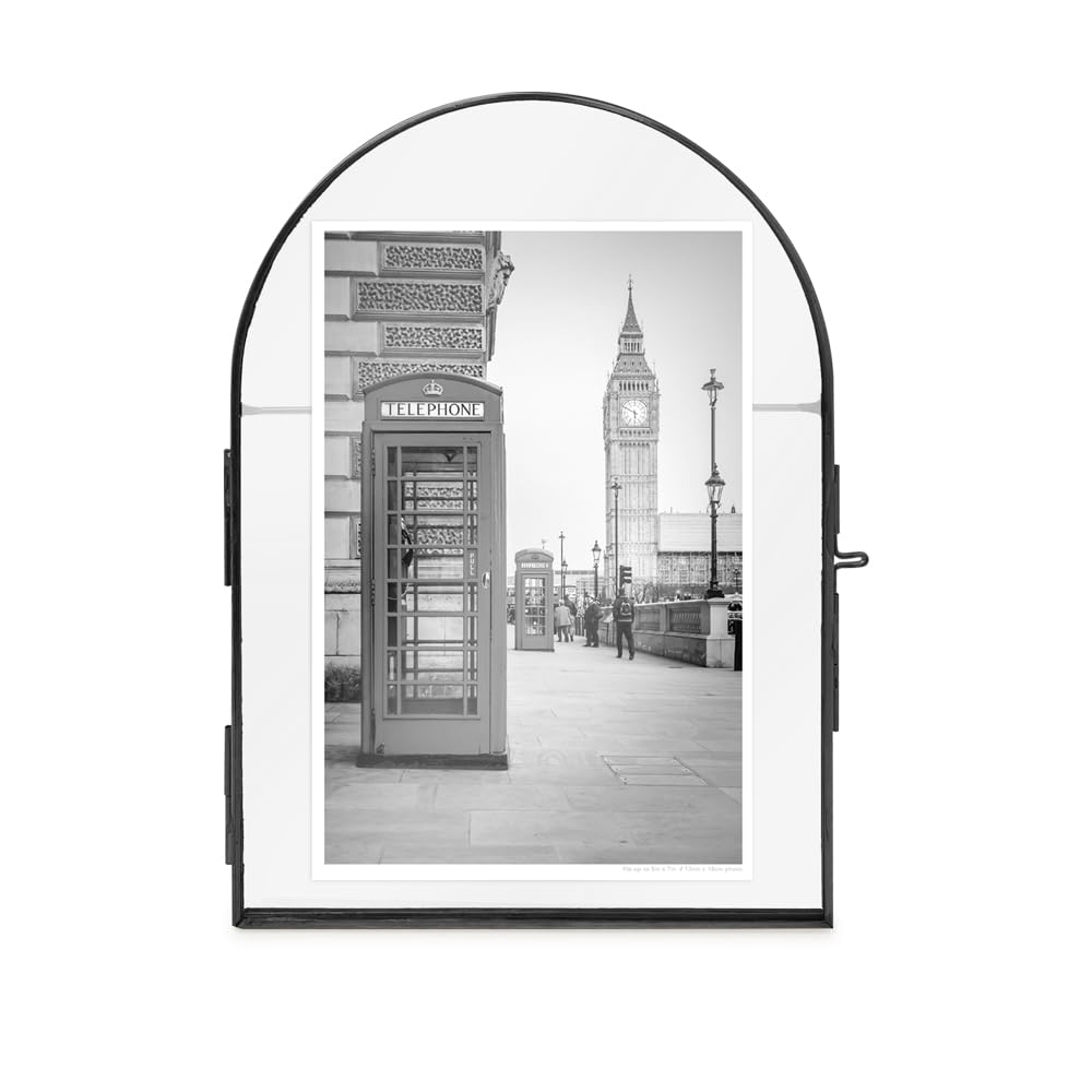 Isaac Jacobs 5x7 Vintage Style, Arched Brass & Glass Metal Floating Picture Frame with Locket Closure (Vertical), Made for Tabletop Display (5x7 Vertical, Black)
