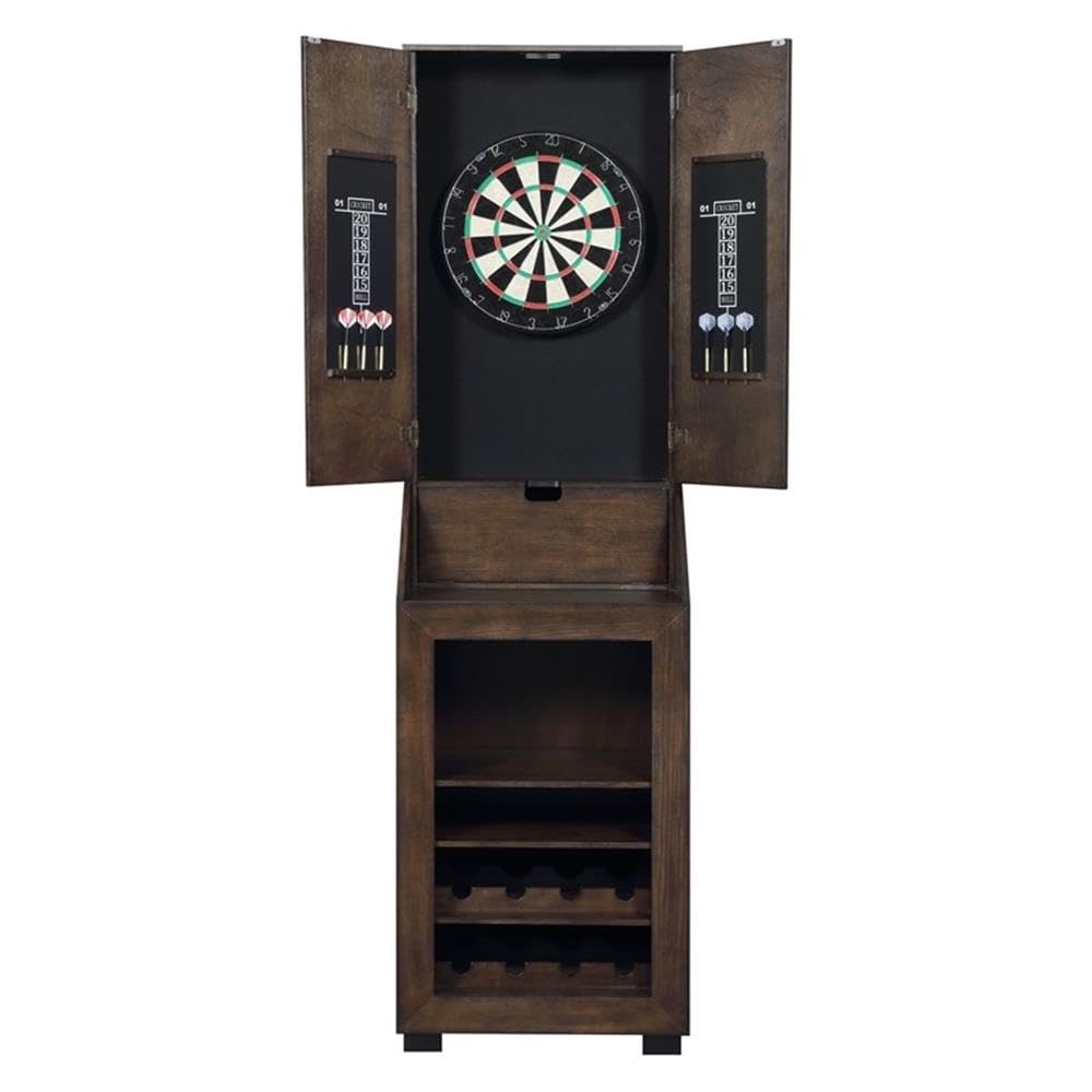 BOWERY HILL Dartboard Cabinet, 24" W x 15" D x 45" H, Walnut Finish, Includes Dartboard, Scoreboards, Darts, Wine Rack, Drop Down Storage Shelf, Traditional Style for Game Room Entertainment