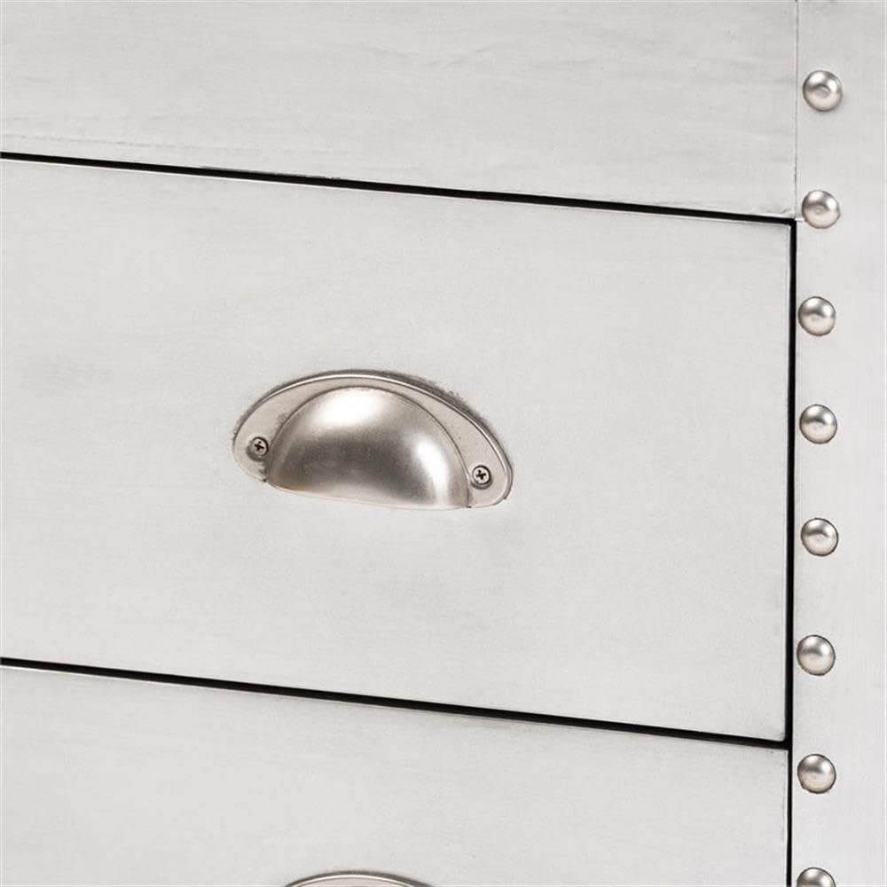 BOWERY HILL 3-Drawer Mid-Century Metal Accent Storage Chest, Silver Finish, Wood and Metal Construction, Vintage-Inspired Rivet Details, Lift-Top Compartment, Bedroom, Living Room, or Entryway Use