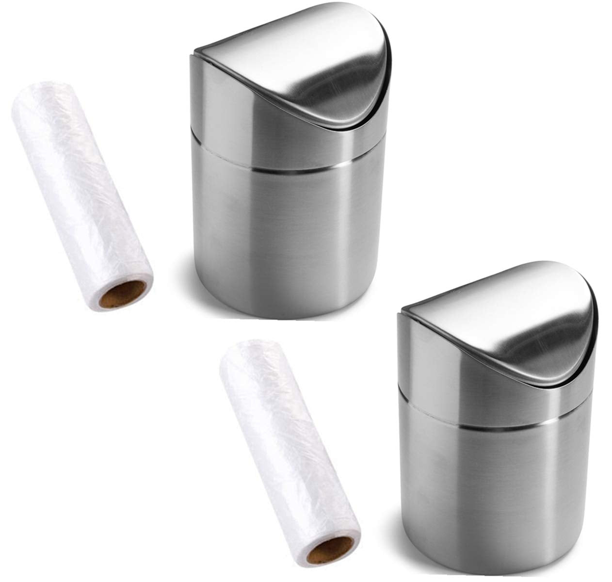 2 Packs Countertop Set, 1.5 0.40 ZHOUWHJJ Mini Brushed Stainless Steel Swing Lid Trash Can Come with Trash Bag, L /