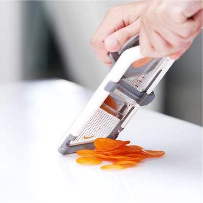 ZKIRON Handheld Mandoline Slicer for Kitchen - Adjustable 3-Thickness Vegetable Slicer (1mm-3mm) with Food Holder - Safe Potato Slicer & Cucumber Cutter for Salad, Easy to Clean (Gray)