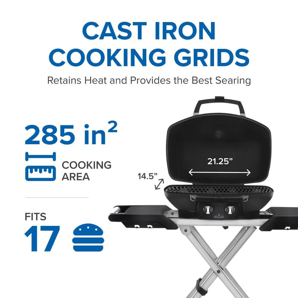 Napoleon TravelQ PRO285X Portable Propane Gas Grill with Foldable Scissor Cart, Black, 2 Burners, Tailgating, Camping, and Small Outdoor Spaces