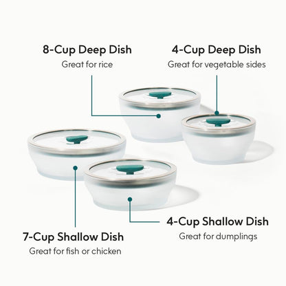 Anyday 8-Pc Microwave Cookware & Glass Food Storage Set with Glass Lids | Plastic-Free Containers | Stackable Airtight Steamer with Vented Lid for Microwave-Safe Reheating & Steaming Vegetables, Rice
