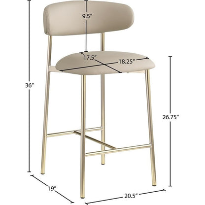 Meridian Furniture 995Taupe-C Lupita Collection Modern | Contemporary Counter Stool with Soft Taupe Vegan Leather, Brushed Gold Metal Frame, 20.5" W x 19" D x 36" H, Taupe, Set of 2