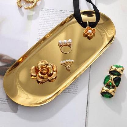 Gold Tray 2 Pack, Stainless Steel Decorative Tray for Bathroom, Jewelry, Vanity Storage, 9 Inch-Oval
