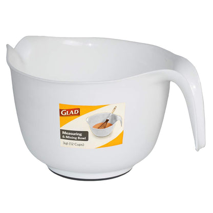 Glad Mixing Bowl with Handle – 3 Quart | Heavy Duty Plastic with Pour Spout and Non-Slip Base | Dishwasher Safe Kitchen Supplies for Cooking and Baking, White