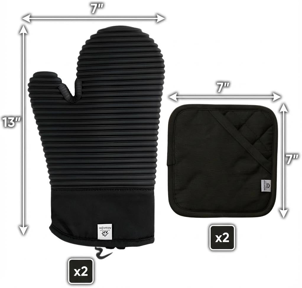 Extra Long Silicone Oven Mitts and Pot Holders Sets | Heat Resistant 500°F BPA-Free Food Grade Silicone Hot Pads & Kitchen Mittens | 4-Piece Set of Oven Gloves & Potholders for Kitchens.