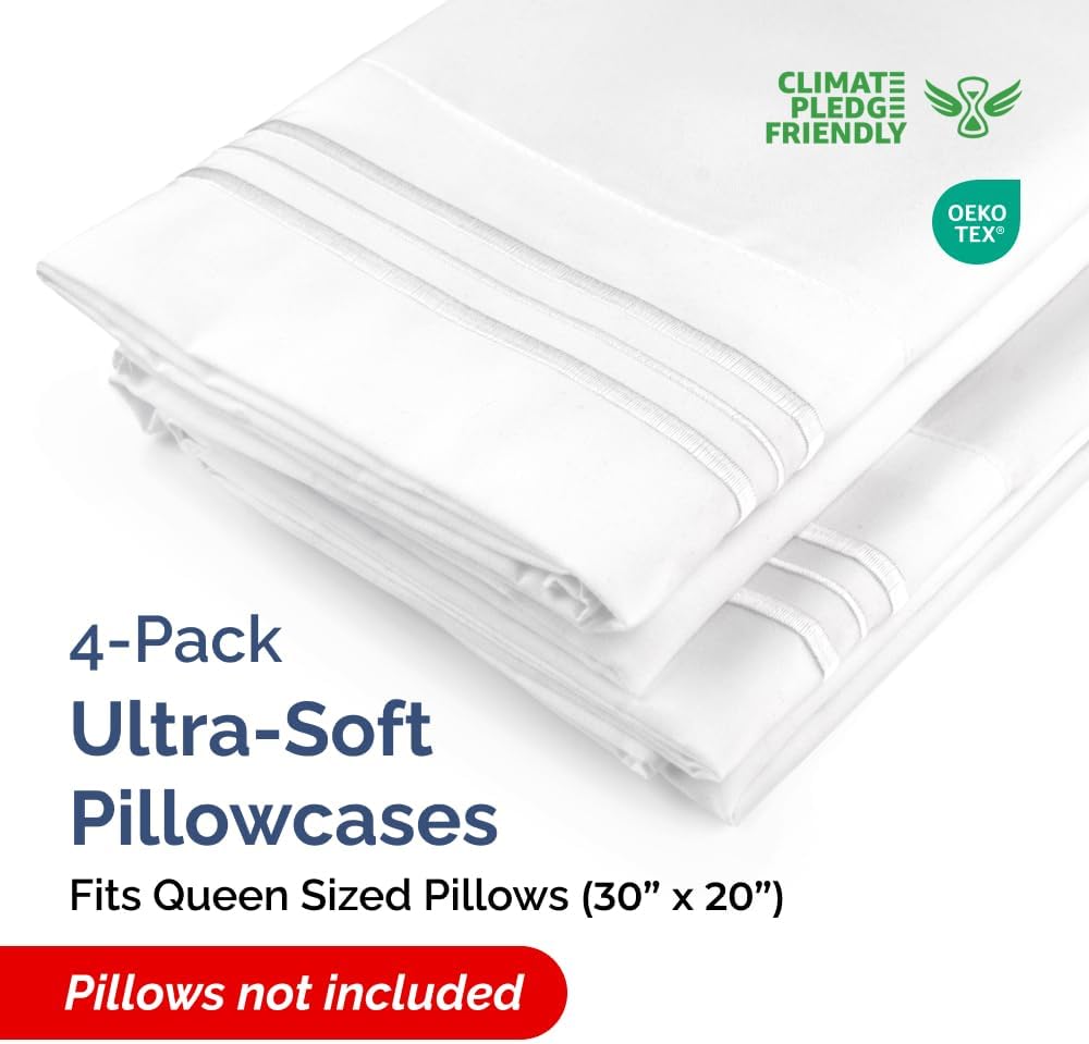 Queen Pillow Cases by LuxeHome | Ultra Soft Hotel Quality | Wrinkle-Free, Stain & Fade Resistant - 4 Piece Set in White