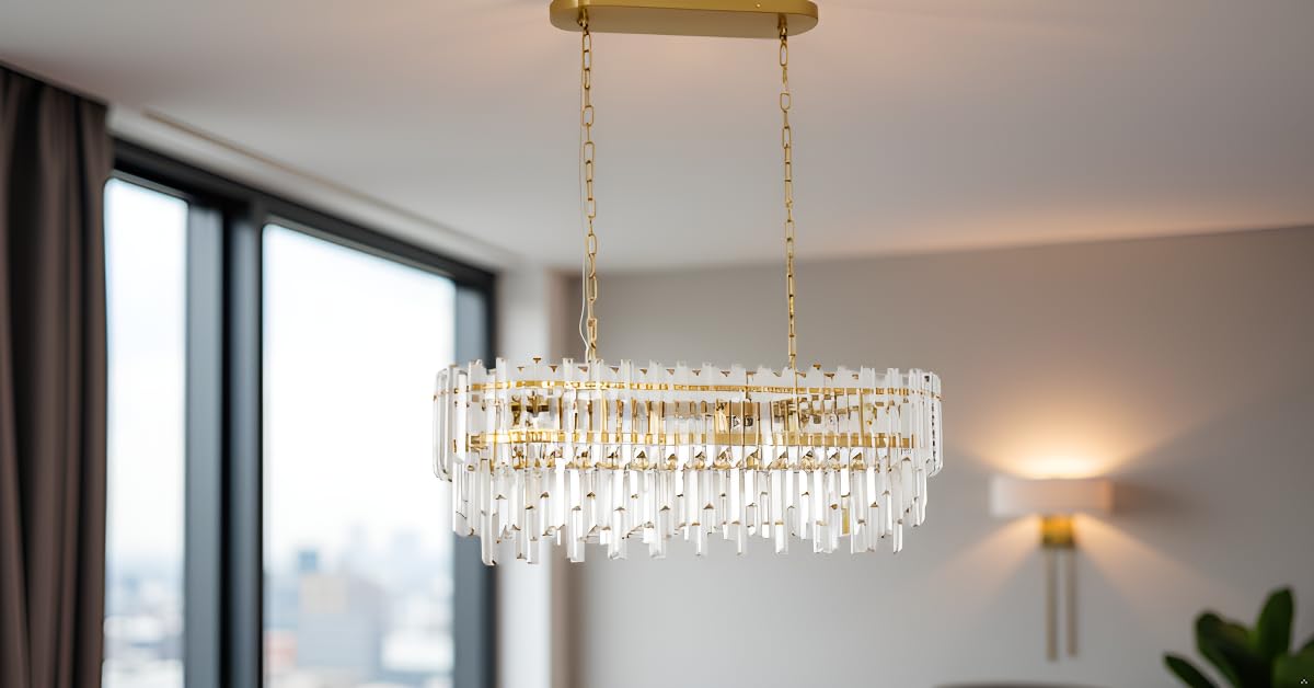 Lt-vt Modern Rectangular Crystal Chandelier Gold Finish Linear Pendant 10-Light Fixture for Dining Room Living Room Ceiling Lamp Contemporary Home Decor L37.4''