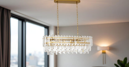 Lt-vt Modern Rectangular Crystal Chandelier Gold Finish Linear Pendant 10-Light Fixture for Dining Room Living Room Ceiling Lamp Contemporary Home Decor L37.4''