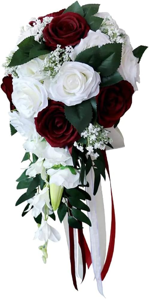 Artificial Rose Bouquet for Wedding Bride, White + Wine Red Bouquet for Home Holiday Party Supplies