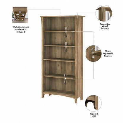 Bush Home Salinas Tall 5 Shelf Bookcase - Set of 2 in Reclaimed Pine, Vertical Office Storage, Bookshelves for Home Workspace, Multi-Purpose Shelving Units