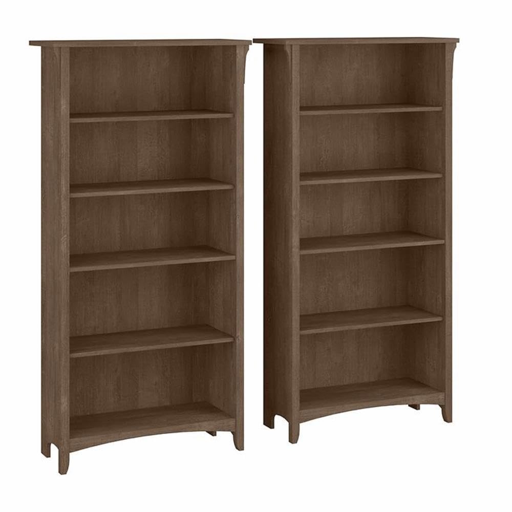 Bush Home Salinas Tall 5 Shelf Bookcase - Set of 2 in Ash Brown, Vertical Office Storage, Bookshelves for Home Workspace, Multi-Purpose Shelving Units