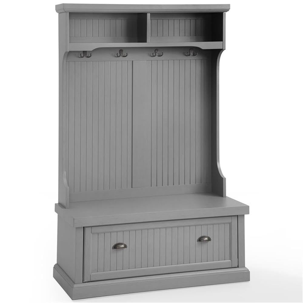 Pemberly Row Coastal Wood Hall Tree, Distressed Gray and Chrome Finish, 64.5" H x 40" W x 18.5" D, Entryway Bench with Coat Rack, Storage Cubbies, Beadboard Accents for Mudroom or Foyer