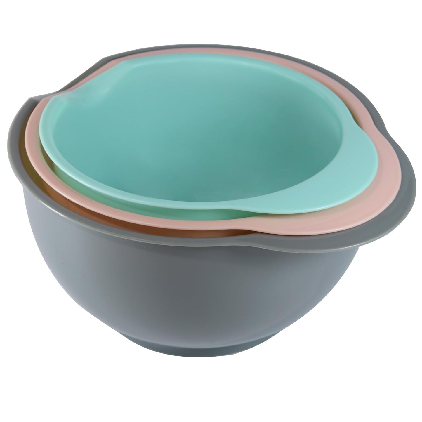 Cheeren Set of 3 Mixing Bowls with Pour Spout-Nesting Design Saves Space - Non-Slip, BPA Free, Dishwasher Safe Plastic - Kitchen Cooking and Baking Supplies (Green Pink Grey)