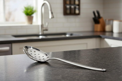 BNAZIND 8 Inch Kunz Spoon Perforated - Small | 18/10 Stainless Steel Silver Chef Spoon for Draining, Plating & Serving & Professional Kitchen Use, Dishwasher Safe