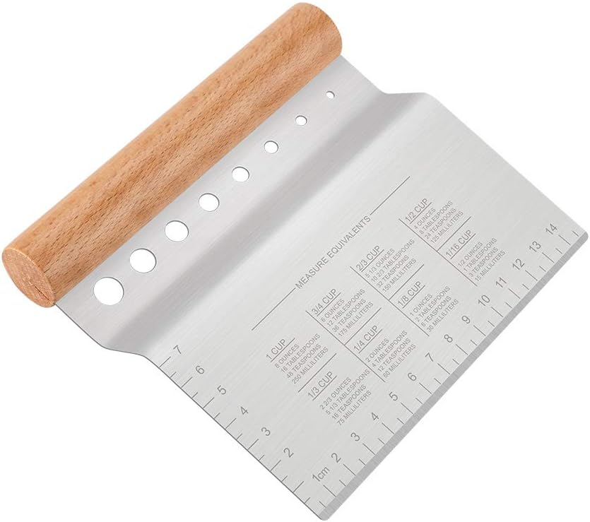 Stainless Steel Pastry Scraper, Dough/Pastry/Bread Cutter with Non-Slip Wood Handle and Herb Stripper 8-hole