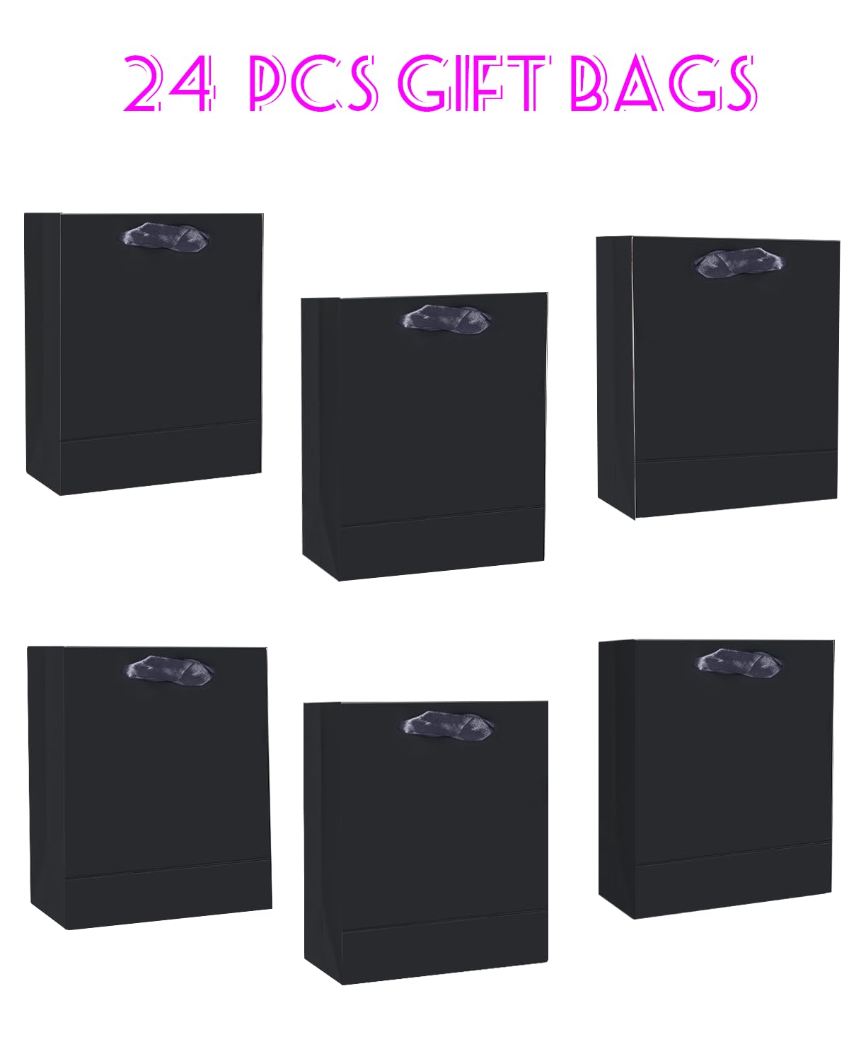 qiqee 24pcs Black Gift Bags with Tissue Paper for Wedding, Birthday, Party Supplies-7.9"x4.3"x9.6" Medium Size Cardboard Gift Bags（24pcs Bags + Tissue Paper ）