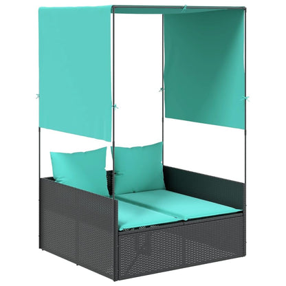 Favemtsl Double Outdoor Lounge Chair Black PE Rattan 17x18.3x29 in with Adjustable Canopy & Privacy Curtains, Removable Cushions, 2-Person Sunlounger for Patio Garden Terrace