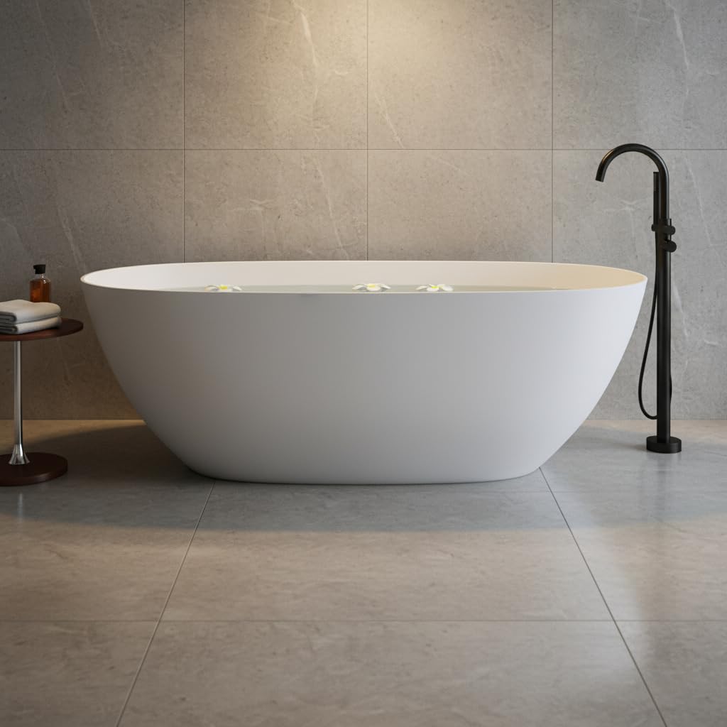 GDFStudio 69" Solid Surface Freestanding Bathtub, Matte White Stone Resin Soaking Tub with Overflow and Pop-Up Drain, Thick Edge Oval Stand Alone Deep Soaker Tub for Modern Bathroom Spa Relaxation