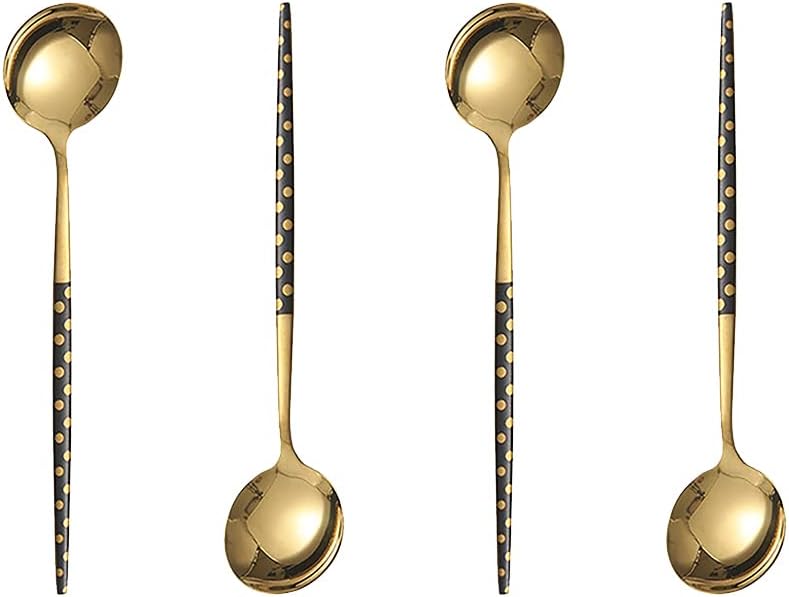 Set of 4 Stainless Steel Soup Spoons, Korean Dessert Spoons, Black Polka Dot Mixed Color, 8 Inches