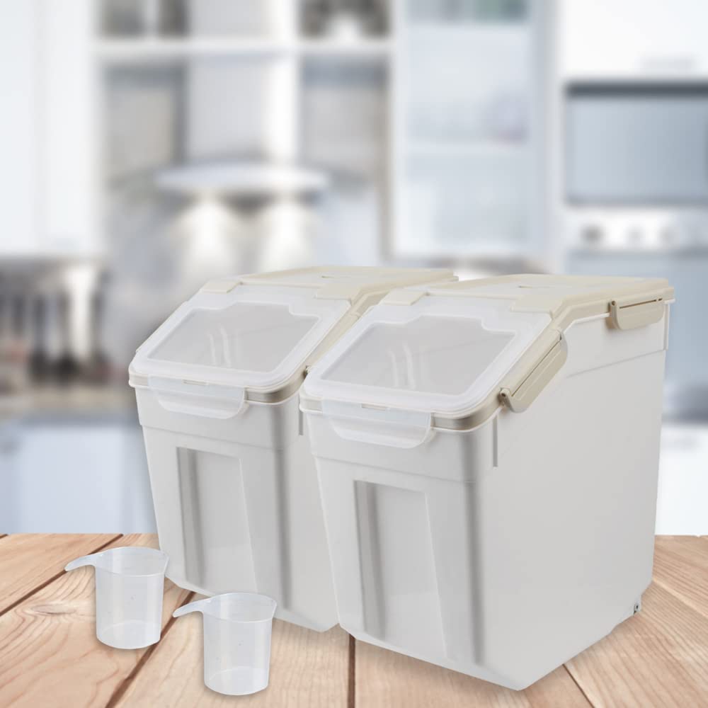 Begino Large Flour Storage Container Bin 25lb, 4Pack Airtight Rice Storage Containers with Wheels Seal Locking Lid, BPA Free with Measuring Cup&Scoop for Flour, Rice, Grain(Gray)