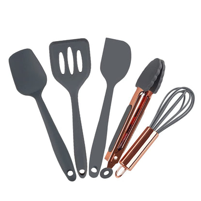 Collfa Rose Gold And Grey Mini Kitchen Utensil Small Five-Piece Set Tiny Silicone Kids Kitchen Tools Whisk Spatula Tongs Spoon And Slotted Spatula For Cooking(Kids Baking Supplies) Grey