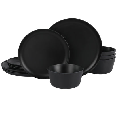 Gibson Home Fairhope 12-Piece Matte Black Melamine Dinnerware Set – Durable Lightweight Plates and Bowls, Kitchen Dining Set
