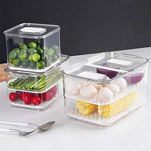 SANNO Refrigerator Food Storage Containers - Stackable Bin Organizer with Vented Lids and Removable Drain Tray