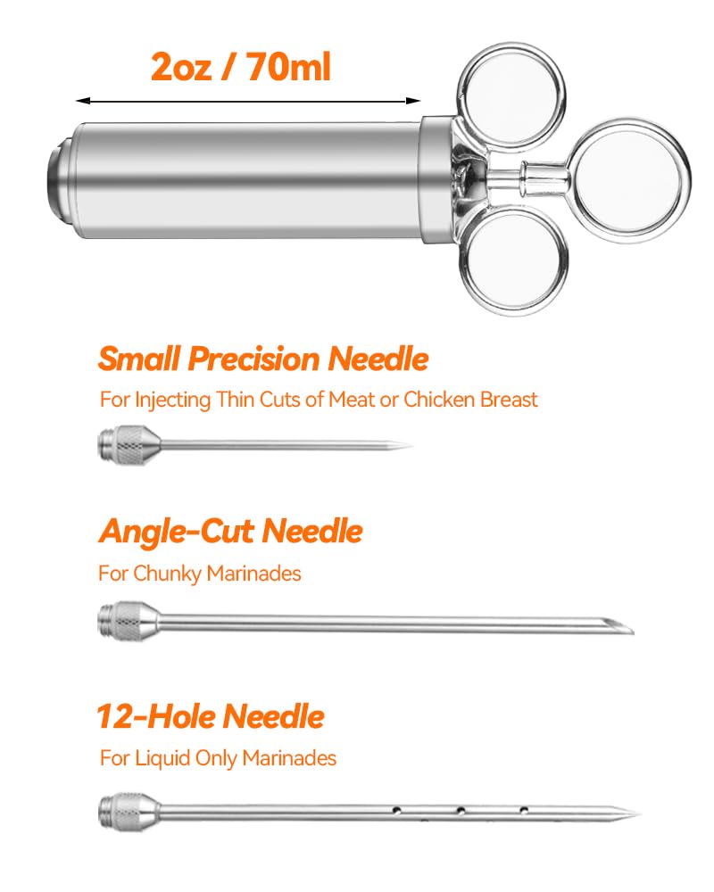 Brigii Meat Injector Syringe, 2oz Turkey Injector Seasoning, 304-Stainless Steel Seasoning Injector with 3 Marinade Needles and 3 Cleaning Brushes for Smoked BBQ Grilling