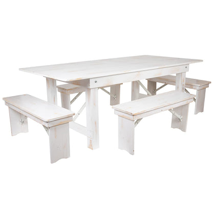 Flash Furniture HERCULES Series 7' x 40" Antique Rustic White Folding Farm Table and Four Bench Set