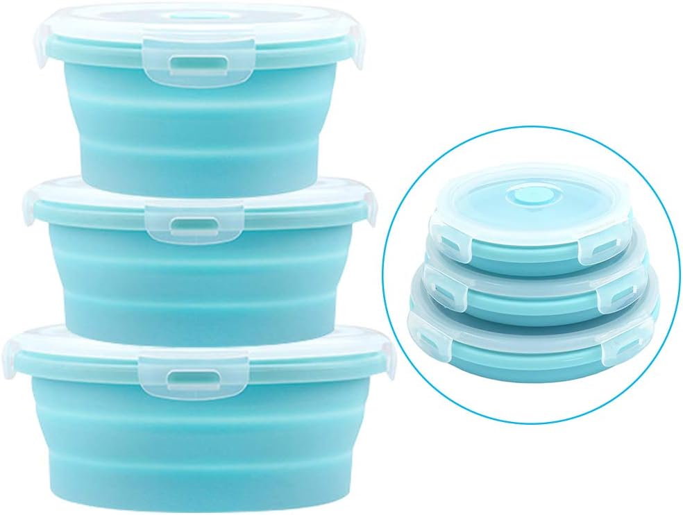 GLE2016 Collapsible Bowls, Silicone Food Storage Containers with Lids for Camping, Round Lunch Containers, Blue