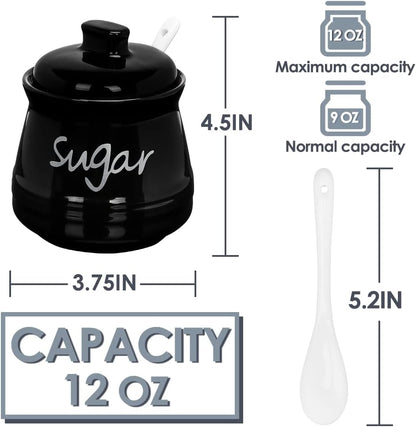 12 Porcelain Sugar Bowl with Lid and Spoon, Ounces Ceramic Sugar Storage Jar, Sugar Container for Home and Kitchen