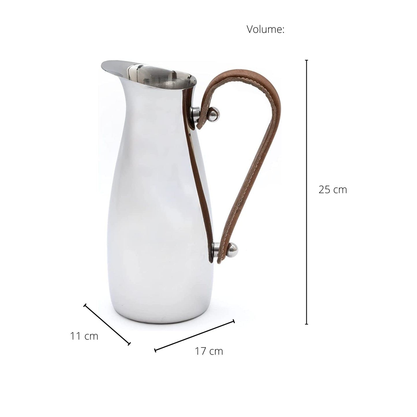 Stainless Steel Silver Water Pitcher Carafe with Leather Handle 10"H by Gute - Elegant Mirror Finish Bell Shaped Jug, For Hot/Cold Water, Iced Tea, Coffee, Sangria, Lemonade, and Flowers 42oz Capacity