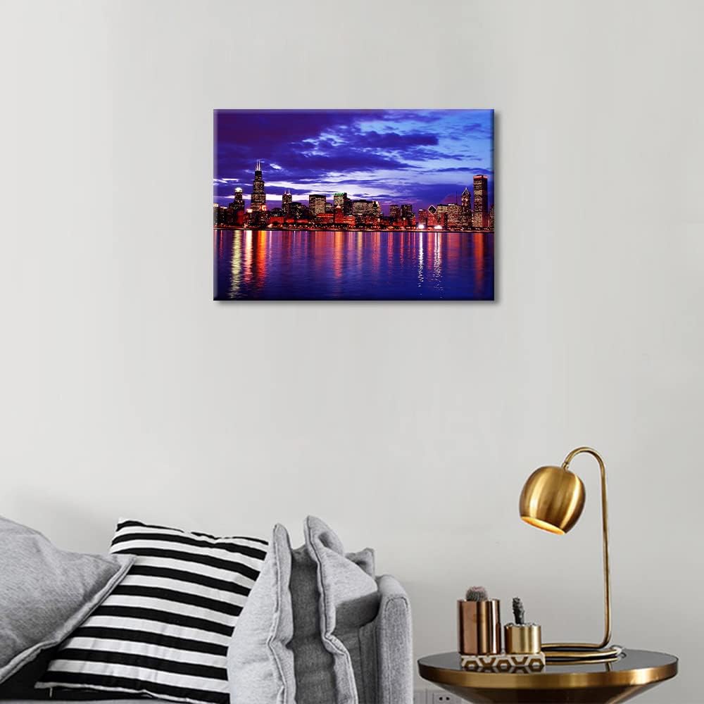Chicago Cityscape at Night Wall Art Painting on Canvas, Modern Urban Building Panorama for Living Room