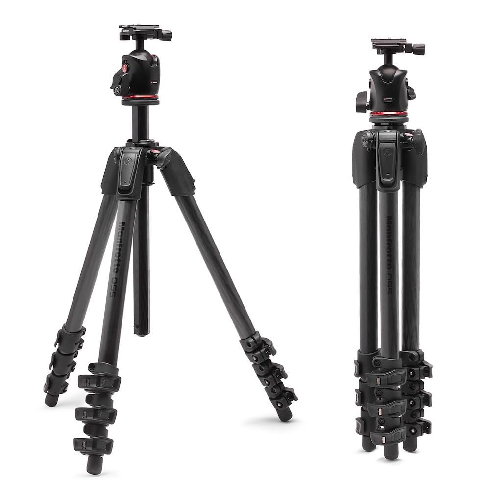 Manfrotto 055XPRO AS, 4-Section Carbon Fiber Camera Tripod, Photo-Kit with XPRO Ball Head, 90 Degree Column, 15kg Load, Arca-Swiss Plate, for DSLR/Mirrorless, Tripod for Camera, Photo Shooting Support