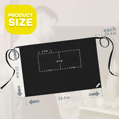 ROTANET Long Server Apron Black with 3 Pockets Bistro Half Aprons for Men Women Waiter Waitress Chef 28 Inch Waterproof