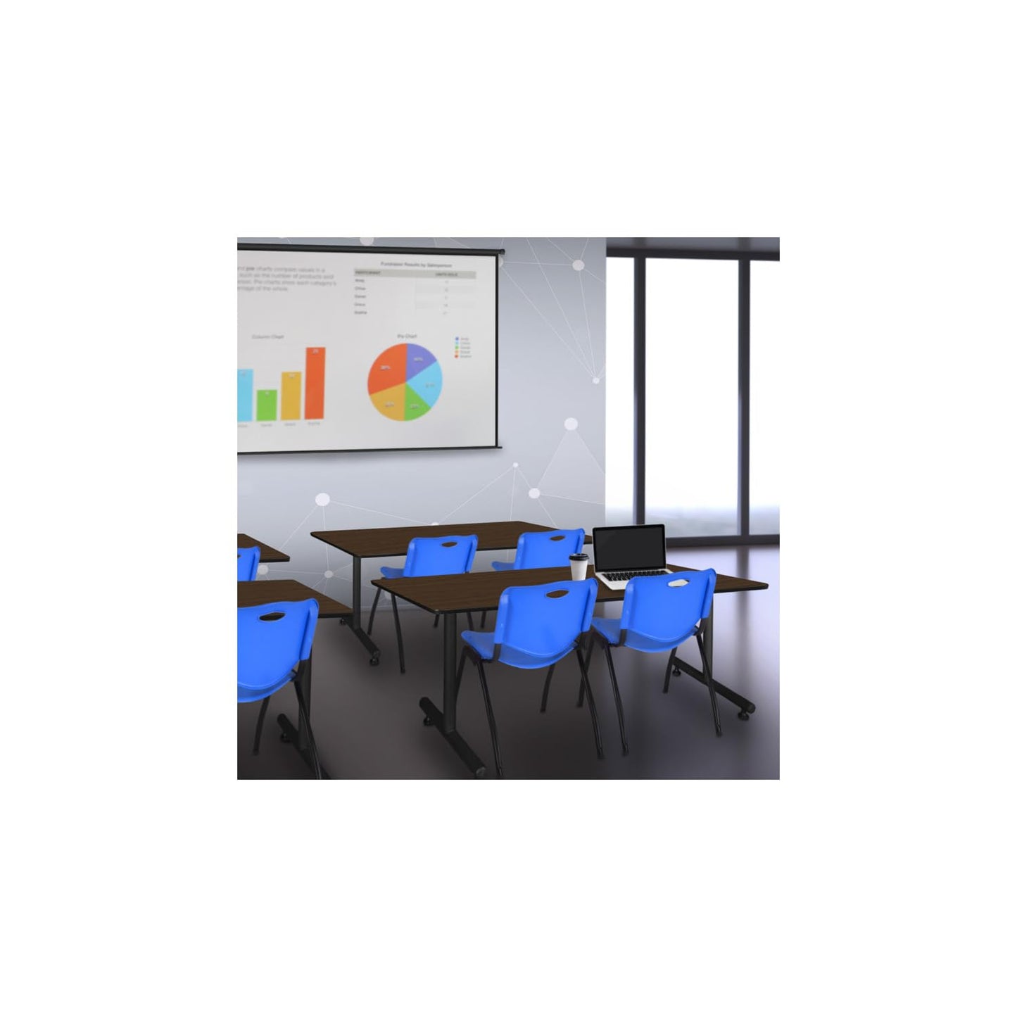 Regency Kobe 72 x 30 in. T-Base Training Seminar Table- Neo Walnut, 2 M Stack Chairs- Blue